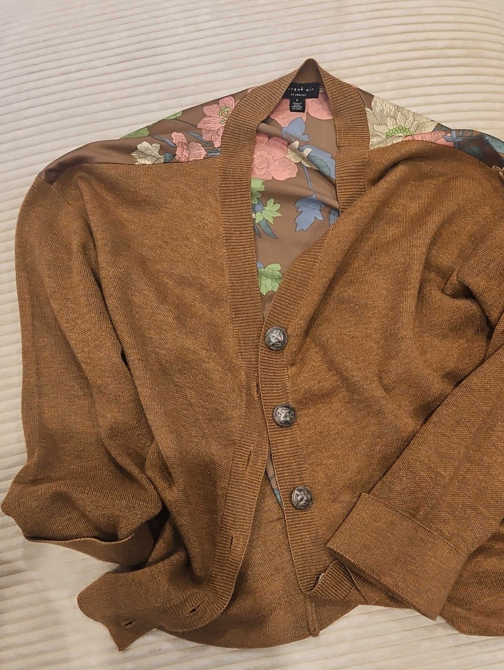 Current Air Brown Knit Cardigan with Floral Lining